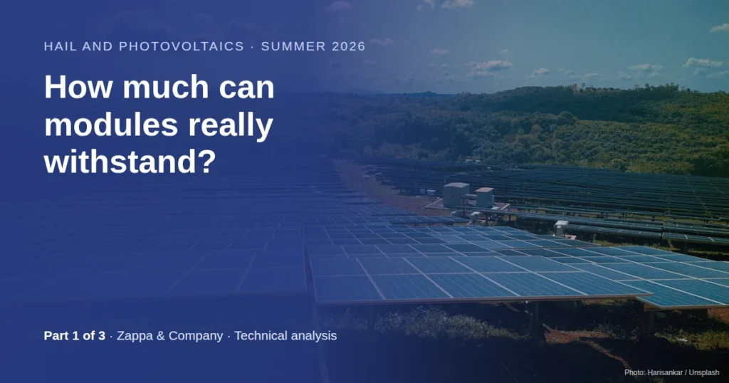 Ground-mounted photovoltaic plant in hilly countryside, with the title: Hail and photovoltaics, summer 2026 – How much can modules really withstand?, Part 1 of 3