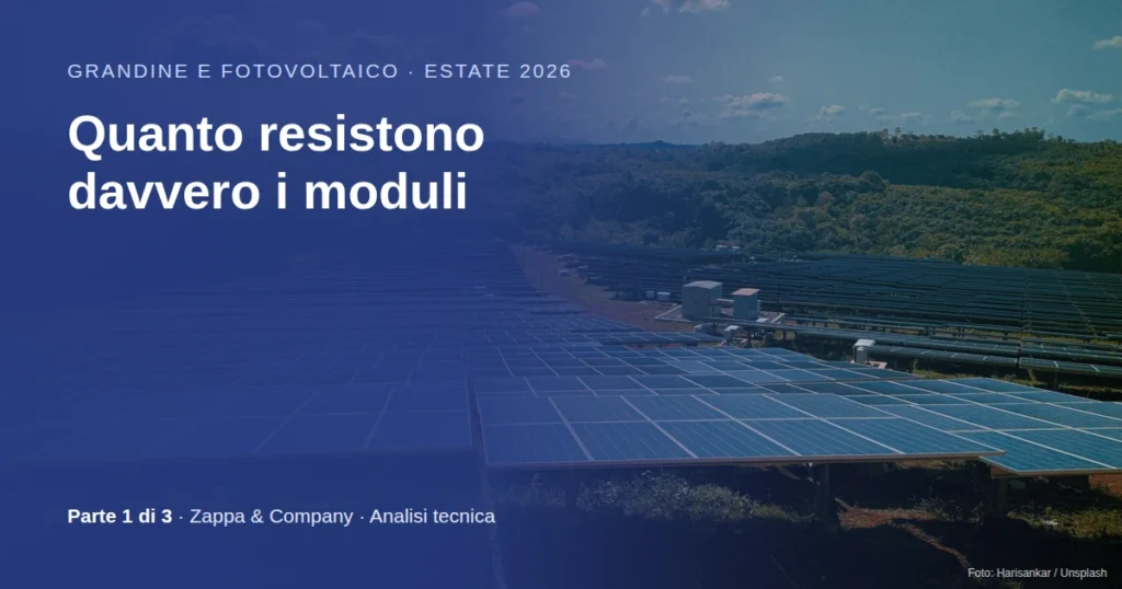 Impianto fotovoltaico a terra in un paesaggio collinare, con il titolo: Grandine e fotovoltaico, estate 2026 – Quanto resistono davvero i moduli, Parte 1 di 3