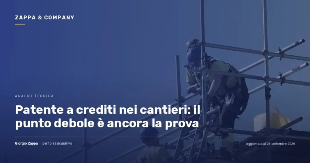 Due operai al lavoro su un ponteggio contro il cielo: copertina dell’analisi sulla patente a crediti nei cantieri.