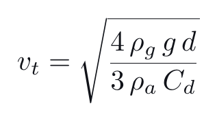 v t equals the square root of 4 rho g g d over 3 rho a C d