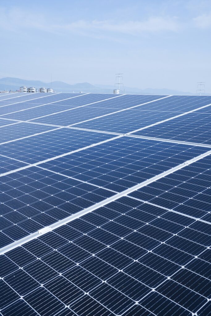 Close-up of a photovoltaic module against the sky